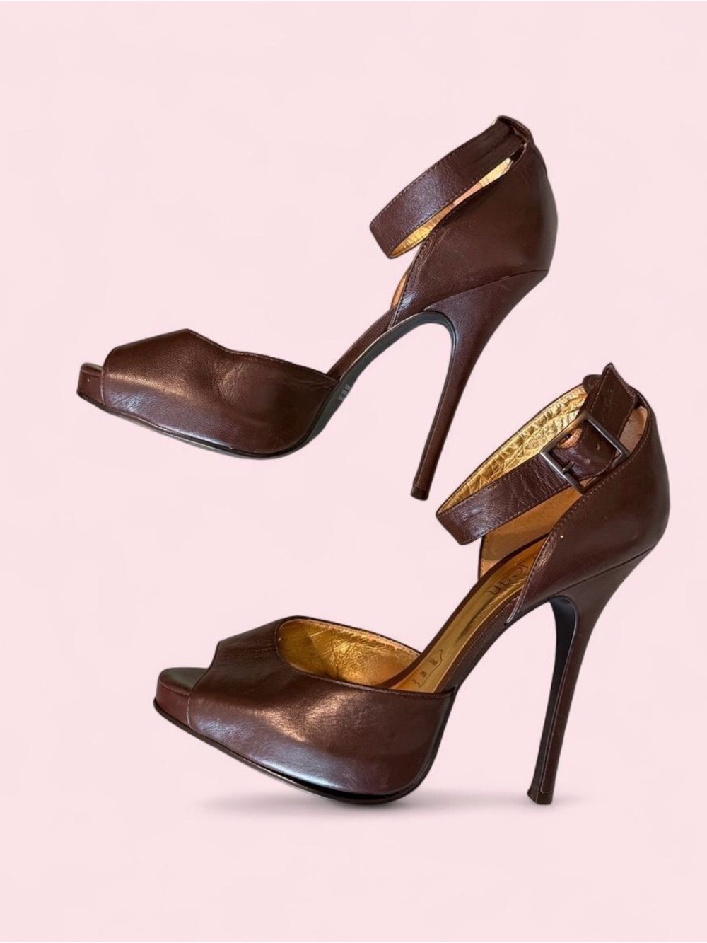 Cathy Jean Brown Peep-Toe Ankle-Strap Stiletto Heels